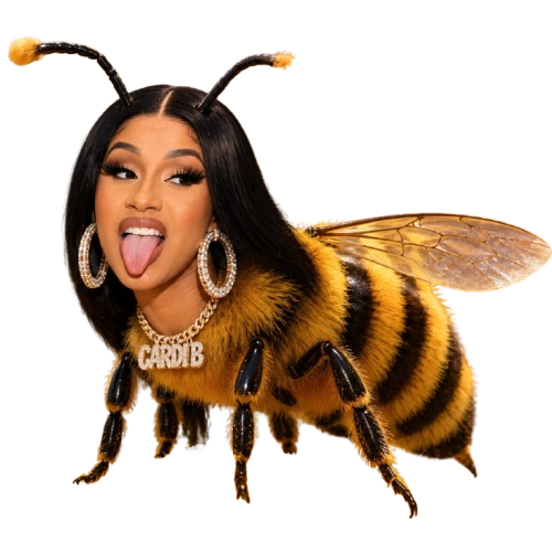 Cardi Bee, the queen of the hive, a glamorous cartoon honey bee with hoop earrings and a CARDI B chain