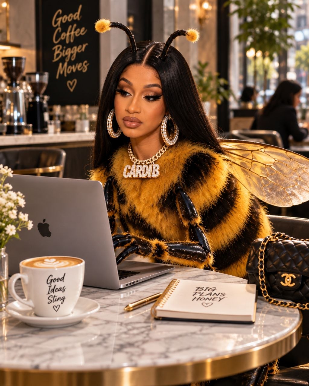 Cardi Bee working on a laptop at a marble cafe table with a latte and a notebook