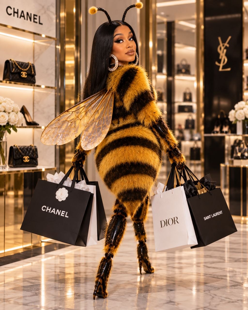Cardi Bee striding through a luxury boutique carrying Chanel, Dior and Saint Laurent shopping bags