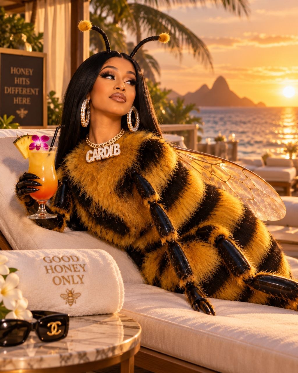 Cardi Bee reclining on a resort daybed with a tropical cocktail at sunset